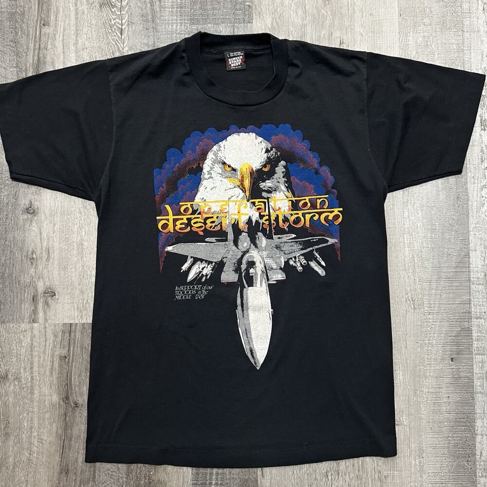 DESERT STORM Shirt 80s 90s Vtg Screen Stars Eagle Troops Middle East Military L